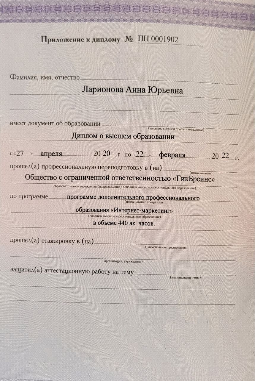 Приложение к диплому Анны Ларионовой о профессиональной переподготовке по программе Интернет-маркетинг